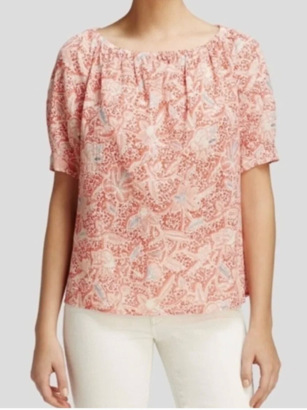 Tory Burch Peasant Blouse in "Melon Emmarentia" Floral Print SZ 12